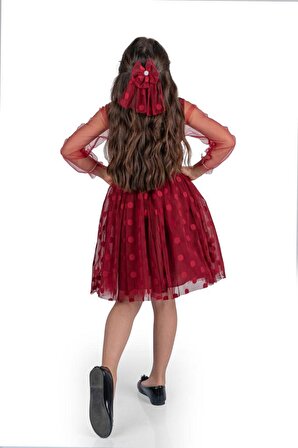 Prenses İri Puanlı Tokalı Dantel Kumaş Kız Çocuk Elbise MNK0547