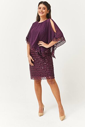 Kadın Büyük Beden Şifon Detay Payet Desenli Mor Abiye & Davet Elbisesi