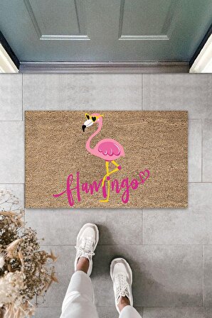 Dekoratif Dijital Pembe Flamingo Bej Kapı Paspası Dış Mekan Paspas