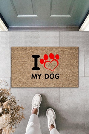 Dijital Baskı Kalitesi  Kahverengi Kırmızı Kalpli I Love My Dog  Dekoratif Kapı  Paspası