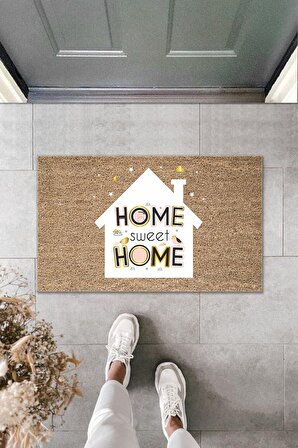 Dijital Baskı Kalitesi  Kahverengi Home Sweet Home Yazılı Beyaz Ev  Dekoratif Kapı  Paspası