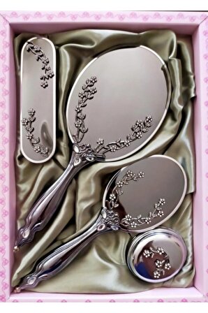 LÜX Serisi Gümüş Renk Sarmaşık Desen Ayna Tarak Takımı  4'lü Hediyelik Çeyiz Seti