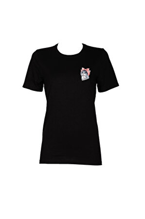 Kedi Baskı  Trender Kadın T-Shirt SİYAH