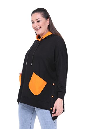 Kadın Büyük Beden Ekstra Rahat Kalıp Turuncu Cep Detaylı Siyah Sweatshirt
