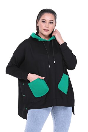 Kadın Büyük Beden Ekstra Rahat Kalıp Yeşil Cep Detaylı Siyah Sweatshirt