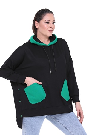 Kadın Büyük Beden Ekstra Rahat Kalıp Yeşil Cep Detaylı Siyah Sweatshirt