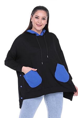 Kadın Büyük Beden Ekstra Rahat Kalıp Mavi Cep Detaylı Siyah Sweatshirt