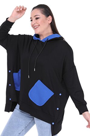 Kadın Büyük Beden Ekstra Rahat Kalıp Mavi Cep Detaylı Siyah Sweatshirt