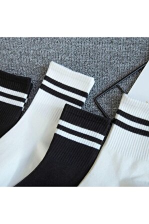 2'li Siyah Ve Beyaz Çizgili Tenis Çorap