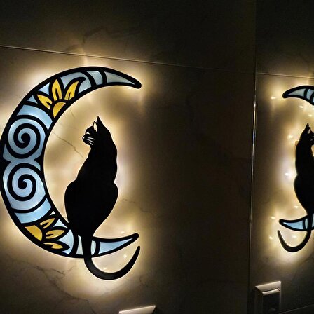 Veraart Epoksili Ahşap Aydaki Kedi Figürlü Duvar Dekorlu Gece Lambası Mavi Sarı 40 cm