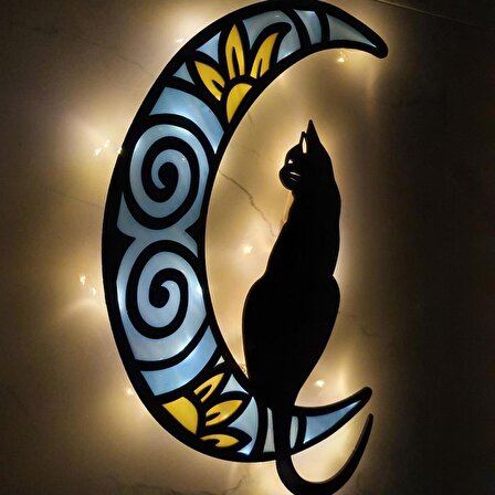 Veraart Epoksili Ahşap Aydaki Kedi Figürlü Duvar Dekorlu Gece Lambası Mavi Sarı 40 cm