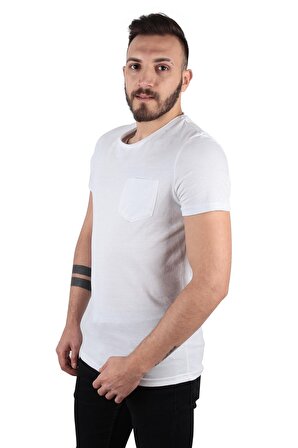 Five Pocket Erkek Bisiket Yaka Cepli Tişört Oversize Beyaz