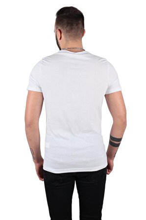 Five Pocket Erkek Bisiket Yaka Cepli Tişört Oversize Beyaz