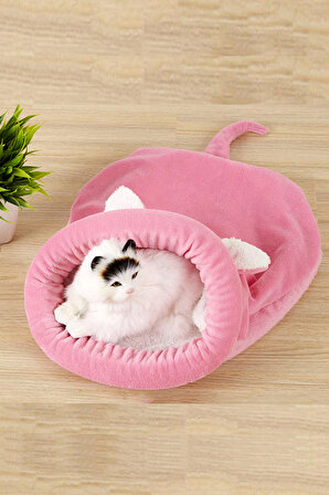 Bobi Kedi Yatağı Pembe Uyku Tulumu Evcil Hayvan Kedi Minderi Yumuşak Kedi Tünel Yatak Kulübesi