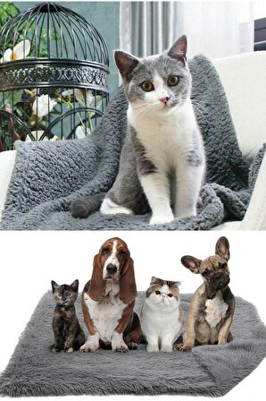 Peluş Gri Kedi Köpek Yatağı Battaniyesi Evcil Kedi Minderi Yuvası Evi Kulübesi Matı Örtüsü 60x90 cm