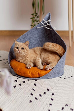 Kido Kedi Yatağı Gri - Sarı  Evcil Hayvan Boncuk Silikon Elyaf Kedi Minderi Kedi Yuvası Kulübesi