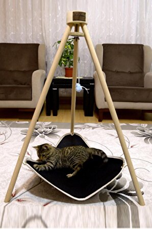 Piramit Kedi Yatağı Hamağı Evi Ahşap Tripod Evcil Hayvan Hamak Salıncak Köpek Yatağı Kedi Tırmalama