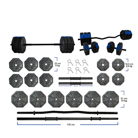 Tan Spor 100 Kg DÜZ BAR (150 cm) + Z BAR (120 cm) Dambıl Ağırlık Halter FULL Set Mavi Kapaklı