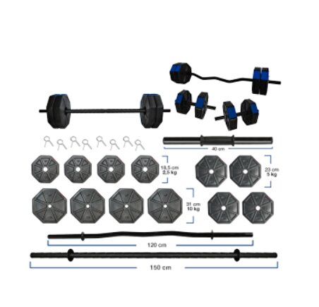 Tan Spor 70 Kg DÜZ BAR (150 cm + Z BAR ( 120 cm ) Dambıl Ağırlık  Halter  FULL SET Mavi Kapaklı