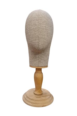 Kumaş Kaplı Ahşap Standlı Polyester Kafa Mankeni Aksesuar Mankeni Şapka Mankeni Peruk Mankeni