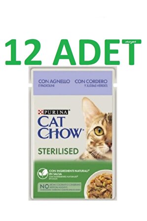 Cat Chow Pouch Sos İçinde Kuzu Etli ve Yeşil Fasulyeli Kısırlaştırılmış Kedi Konservesi 85gr X 12 Adet