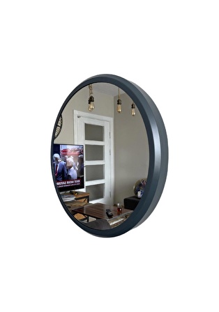 Gri Metal Çerçeveli Oval Salon Ofis Otel Duvar Aynası 52 cm A10