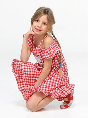Ekose Kolları Fırfırlı Kız Çocuk Elbise