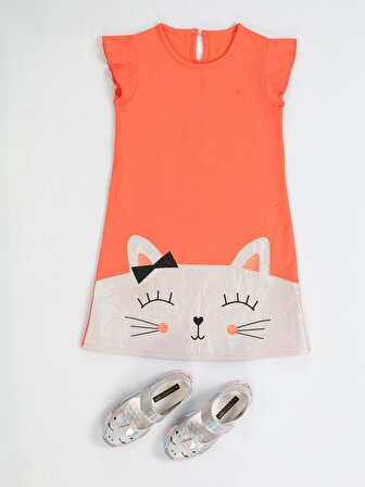 Kedi Parlak Örme Kız Elbise