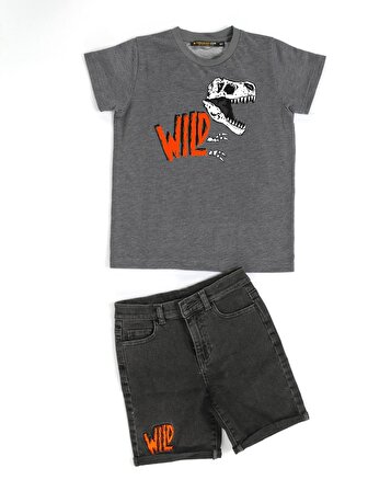 Wild Dino Gri Denim Şort + T-Shirt Takım