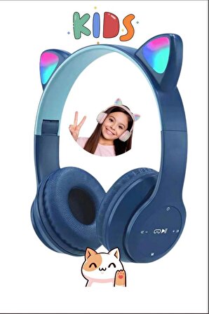 Çocuk Kulaklık Kedi Kulak Mikronlu Hafıza Kartı Led Işıklı Aux Kedili Kablosuz Bluetooth Kulaklık