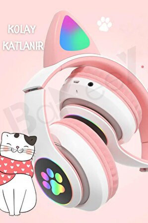 Kedi Kulak Mikronlu Hafıza Kartı Led Işıklı Aux Girişli Kablosuz Bluetooth Çocuk Kulaklık