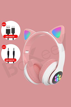 Kedi Kulak Mikronlu Hafıza Kartı Led Işıklı Aux Girişli Kablosuz Bluetooth Çocuk Kulaklık