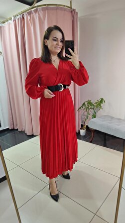 Kadın Kırmızı Uzun Kol Kruvaze Yaka Beli Lastikli Eteği Pileli Şifon Maksi Boy Kemerli Elbise