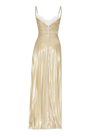 Kadın Gold Altın Simli Pullu Eteği Pileli Göğüs Dekolte Ayarlanbilir Askılı Düğün Davet Elbise Abiye