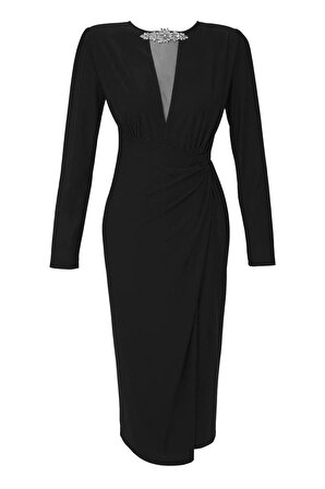 Kadın Siyah Göğüs Dekolteli Broş Detay Sandy Kalem Uzun Kol Düğün Davet Nişan Balo Elbise Abiye