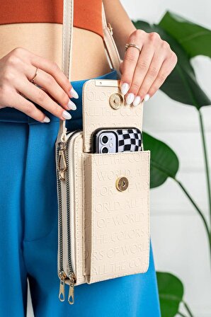 Kadın Çapraz Ayarlanabilir Askılı Telefon Bölmeli Krem Cüzdan Çanta