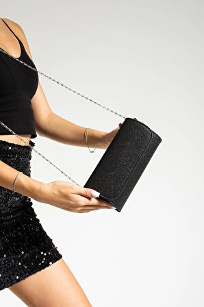 Kadın Simli Siyah Mini Portföy Abiye Çanta Omuz Çantası