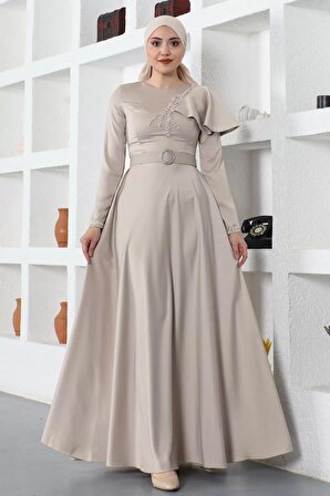 Omuz Detaylı Tesettür Abiye Elbise 701-Vizon