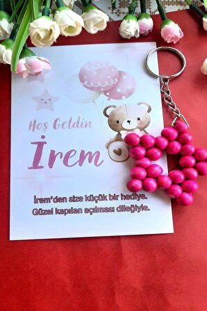 30 Adet Pembe Balonlu Ayıcıklı Ahşap Yıldız Anahtarlık - Bebek Mevlid Hediyesi -Kişiye Özel Yazı
