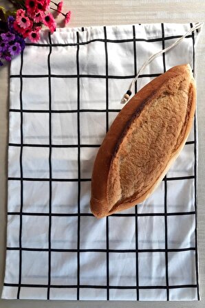 Kareli Ekmeklik - 50x40 Keten Kareli İp Büzgülü Ekmeklik - Ekmek Torbası