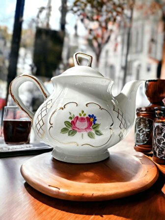 Vinti El boyama 24 ayar altın işlemeli güllü çay bitki çayı demlik handmade tasarım