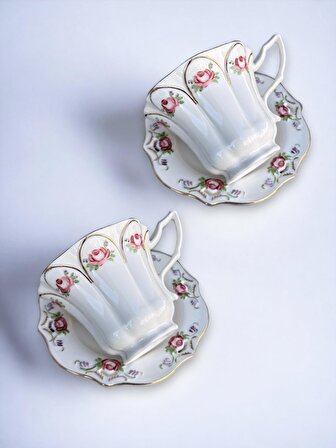 Vinci 2li set Vintage Elyapımı Handmade tasarım Çay Fincanı Kahve Kupa Altın işlemeli