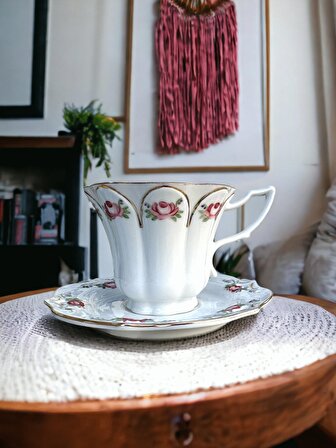 Vinci 2li set Vintage Elyapımı Handmade tasarım Çay Fincanı Kahve Kupa Altın işlemeli