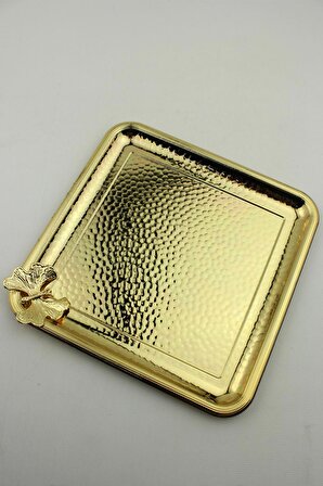 Metal Dövme Kare Tepsi Tek Kişilik Sunumluk Gold 22,5cm
