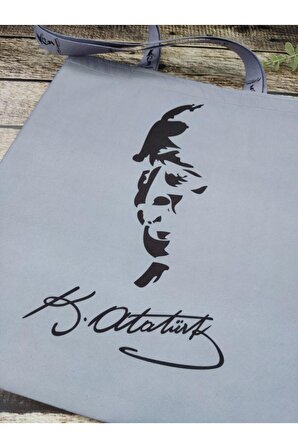 Kemal Atatürk Portre İmzalı Desenli Baskılı Kumaş Çanta Omuz Askılı Bez Çanta