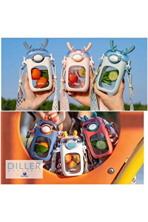 DILLER Pipetli 400ml -3 Farklı Renk- Boyun Askılı Tritan Su Matarası-Temizleme Fırçası Hediyeli-