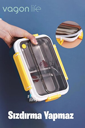 Vagonlife Bento Lunch Box Ofis-Okul İçin Yeni Nesil Sefer Tası Tek Kat 3 Bölme Çatal Ve Kaşıklı -Paslanmaz Çelik FF528 
