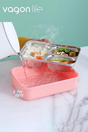 Vagonlife Bento Lunch Box Ofis-Okul İçin Yeni Nesil Sefer Tası Tek Kat 3 Bölme Çatal Ve Kaşıklı -Paslanmaz Çelik FF528 