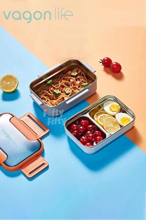 Vagonlife Bento Lunch Box Ofis-Okul İçin Yeni Nesil Sefer Tası 2 Kat 3 Bölme Paslanmaz Çelik FF20182