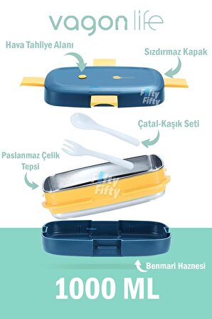 Vagonlife Bento Lunch Box Ofis-Okul İçin Yeni Nesil Sefer Tası Kaşık-Çatal Setli Tek Kat Paslanmaz Çelik FFLBOX483